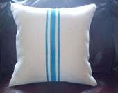 Grain Sack Pillow Cover with Turquoise Stripes 16 x 16 - Decorative Pillow Cover - Beach Cottage Pillow