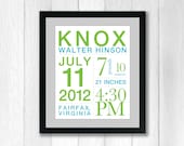 Baby's Birth Stats Wall Announcement Print: You choose colors - 11x14 inches