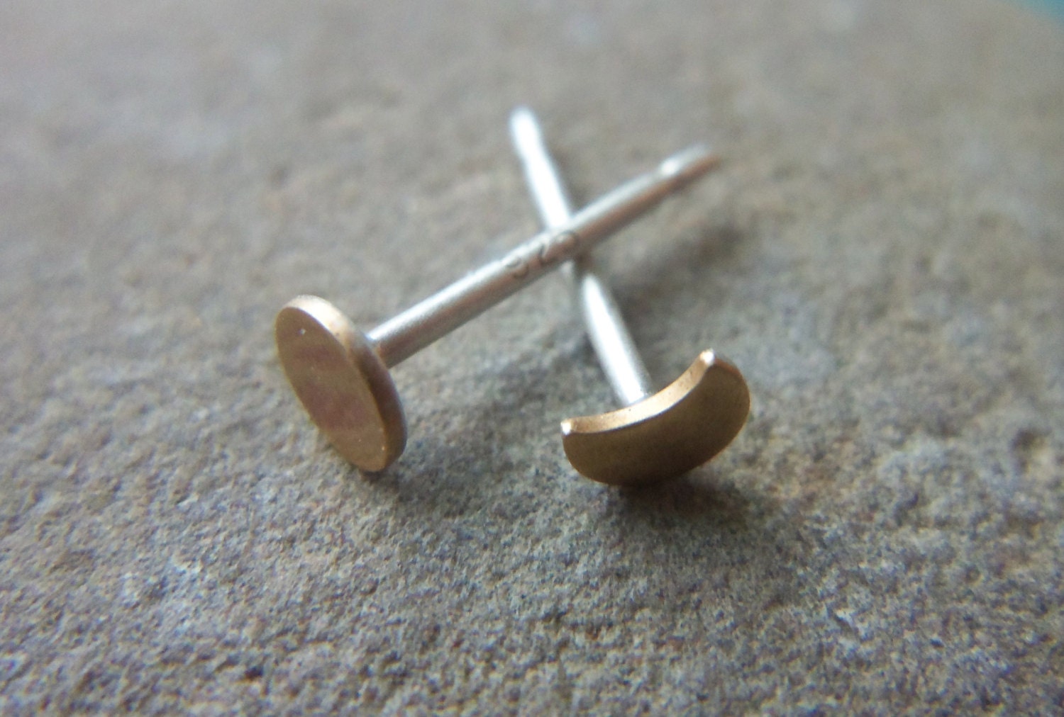 Tiny Moon Earrings. Gold moon earrings,  1 crescent moon & full moon. lunar phase posts. Brass moon studs. Tiny moons