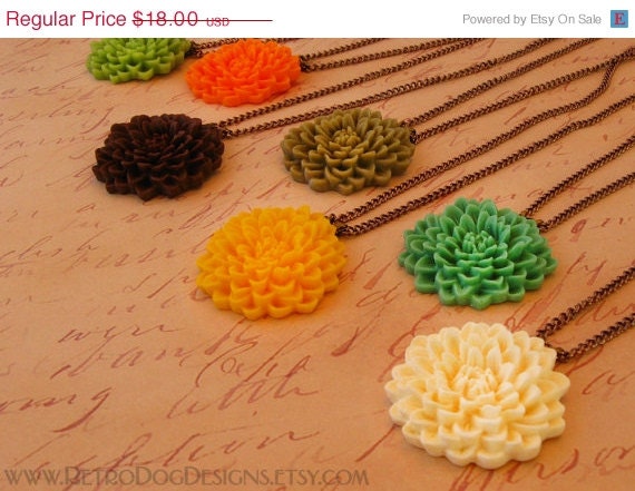 SALE Chrysanthemum Lucite Flower Necklace, Bronze Chain - Your Choice of Color