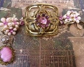 THINK PINK art noveau buckle and FLOWERS vintage assemblage bracelet so antique