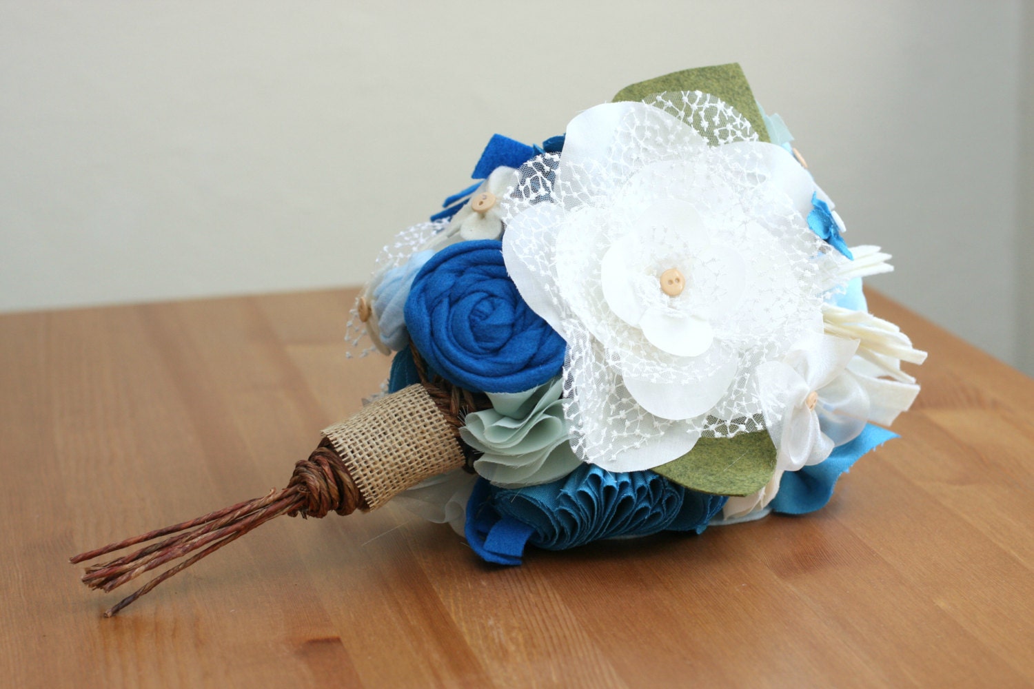Custom Bouquet- Love Me Do- handmade fabric flowers with buttons and bark-wrapped wire