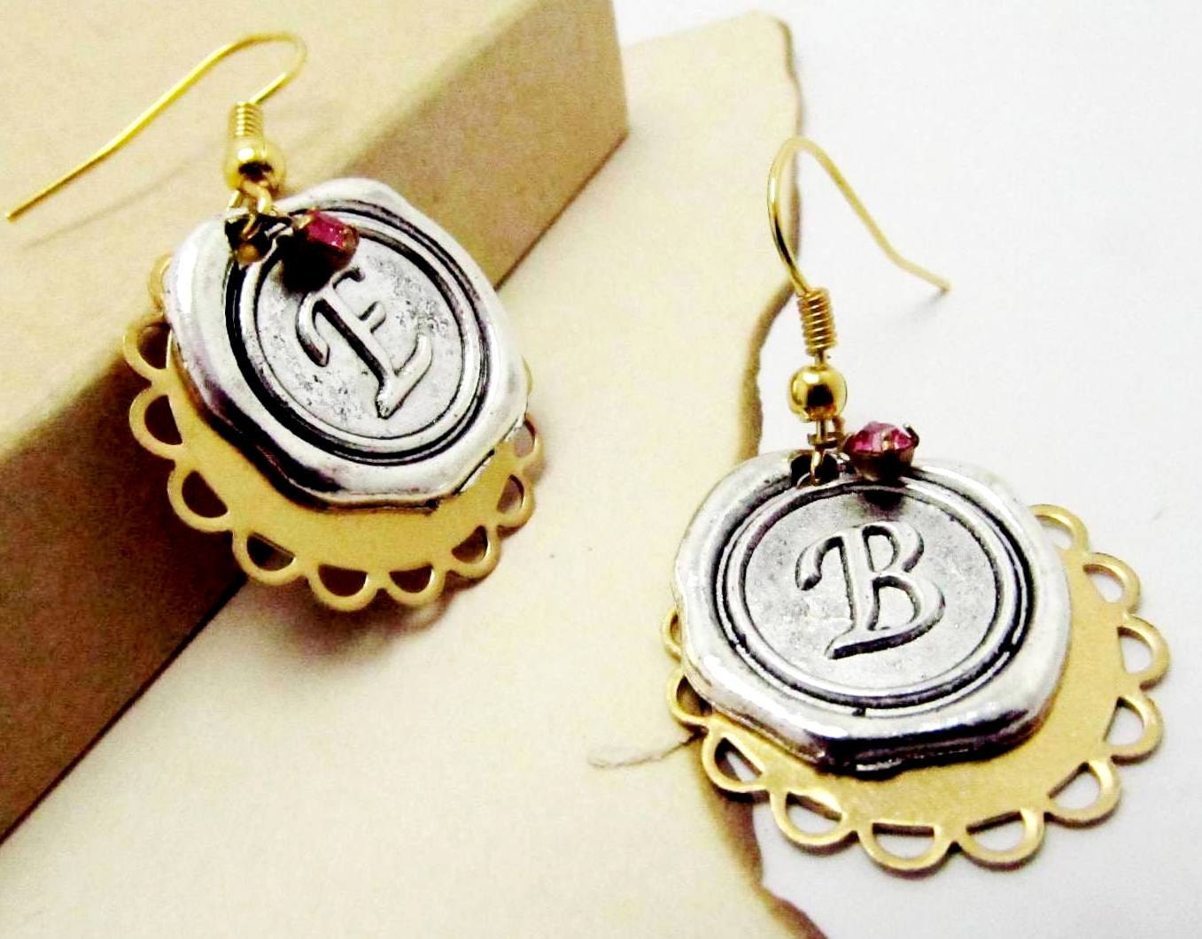 Personalized Wax Seal Earrings, Initial Monogrammed, Anqiue Silver Earrings, Gold Plated.- FREE SHIPPING.