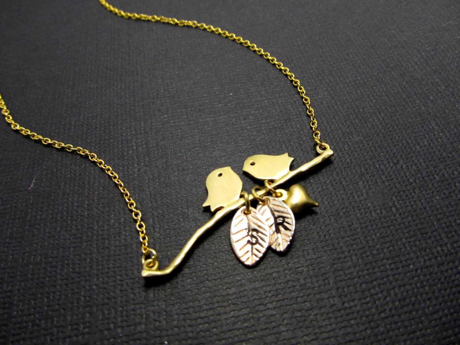 The Love Birds, Personalized hand stamped Necklace,Two Initial Lovebirds, Bridal Shower Gift- FREE SHIPPING.