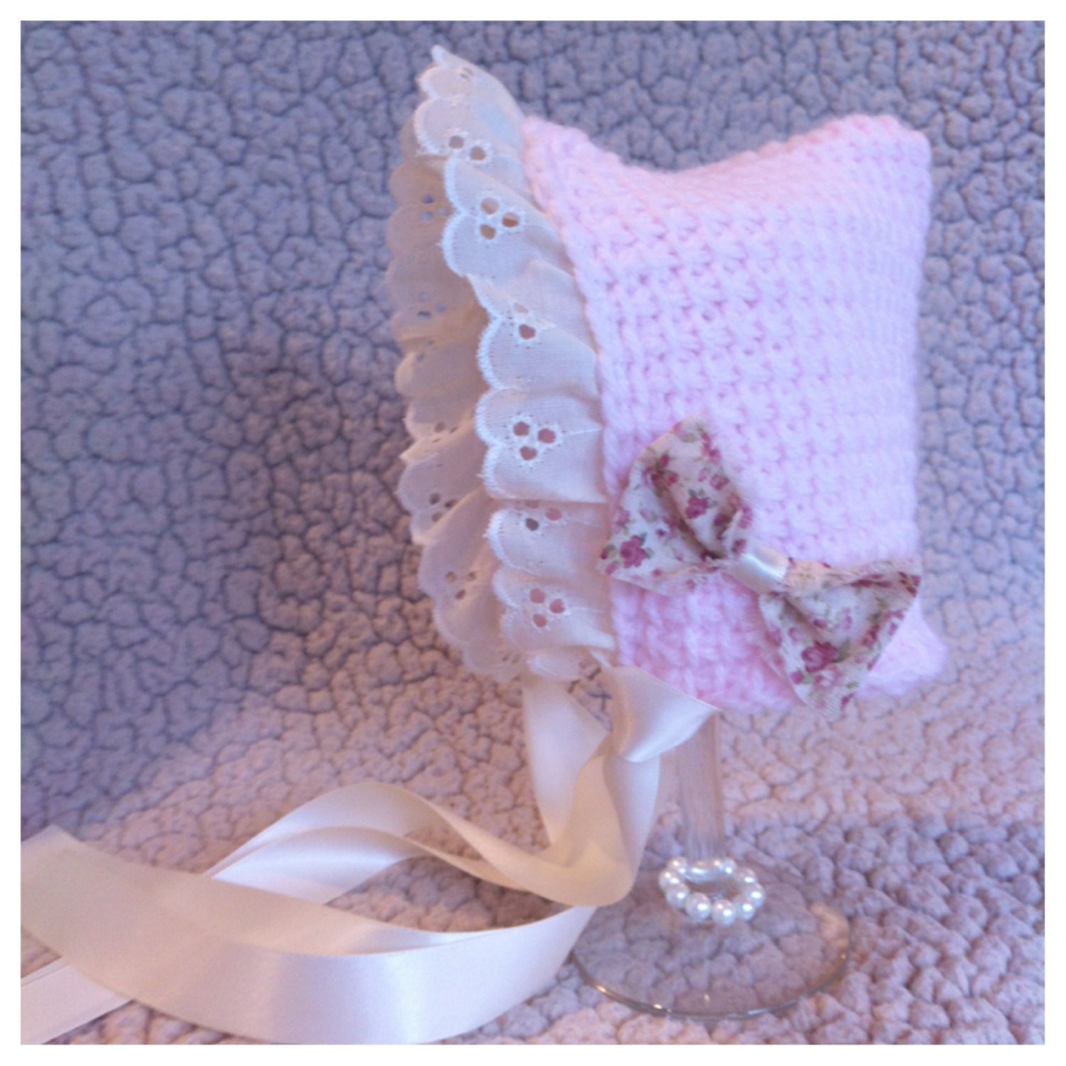 Newborn Baby Vintage Lace Pixie Bonnet Hat - Photography Prop RTS