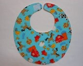 Baby Bibs, four soft layers, reversible, blue red barns and farm animals