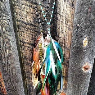 Handmade Long Feather Statement Necklace, Feather Rosary, Beaded Necklace, Hippie, Bohemian, Tribal Necklace, Teal, Turquoise