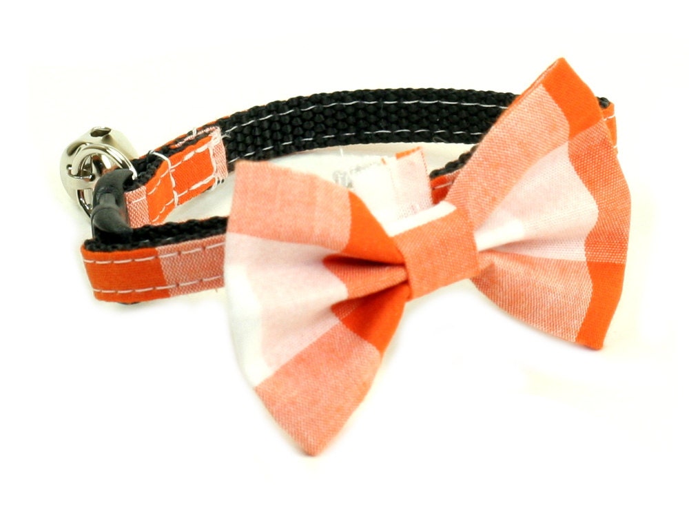Cat Collar with Bow Tie - Checkered Orange and White