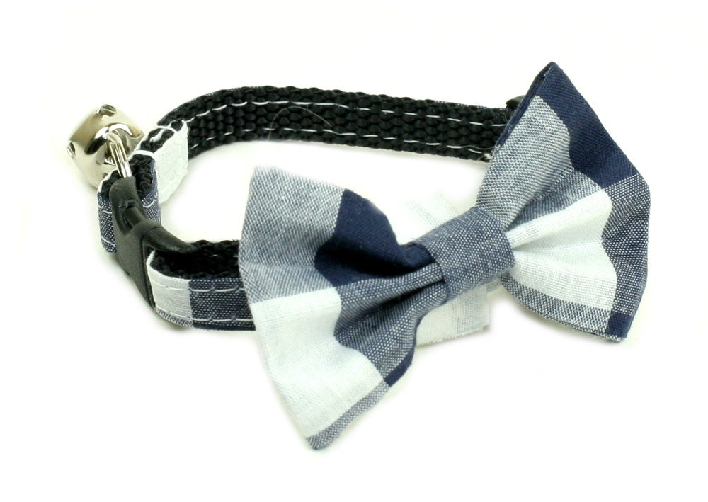 Cat Collar with Bow Tie - Checkered Blue and White