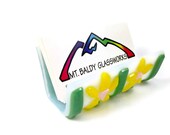 Fused Glass Business Card Holder White and Green Stripes and Yellow Daisies 211