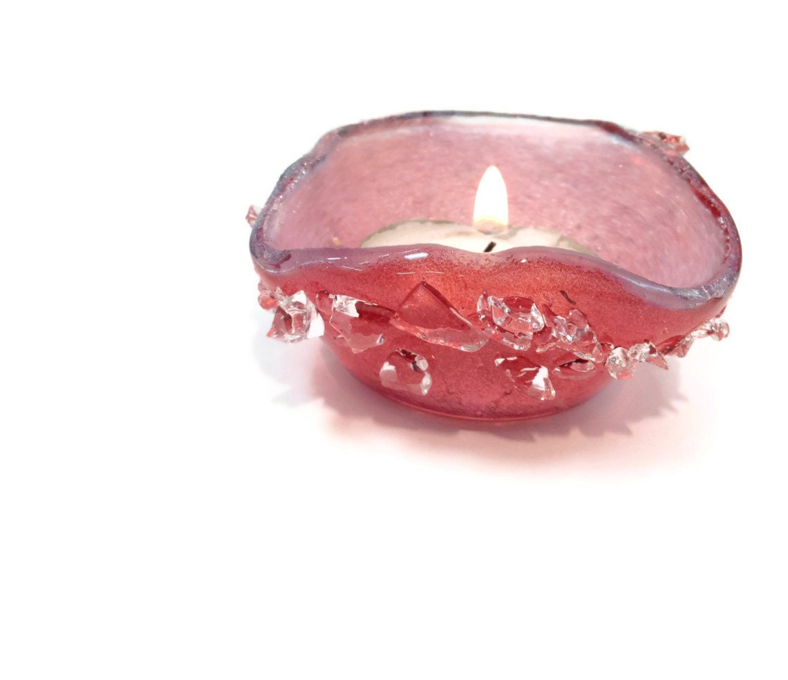Fused  Dichroic Peach Glass  Tea Light  Candle Holder withCrystals Small Dish 010