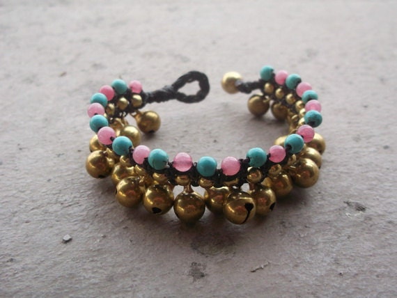 blue Turquoise and pink tourmaline Ball shape brass jingle bells bracelet For Mothers day gift New Collection Arrived