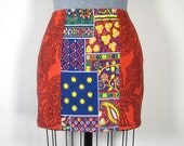 CENTER STRIPE MINI - mini skirt, high waist skirt, knit skirt, vintage fabric, navy and red, geometric print, paisley print, folk art print