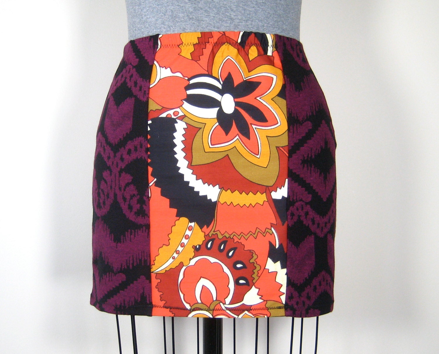 CENTER STRIPE MINI - mini skirt, high waist skirt, knit skirt, vintage fabric, orange gold red, psychedelic print, floral print, retro print