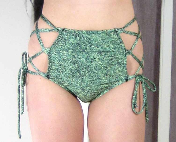 HIGH WAIST BIKINI - lace up sides, fully adjustable, full coverage bottom, grass print, green, plus size bikini, vintage style, pinup, retro
