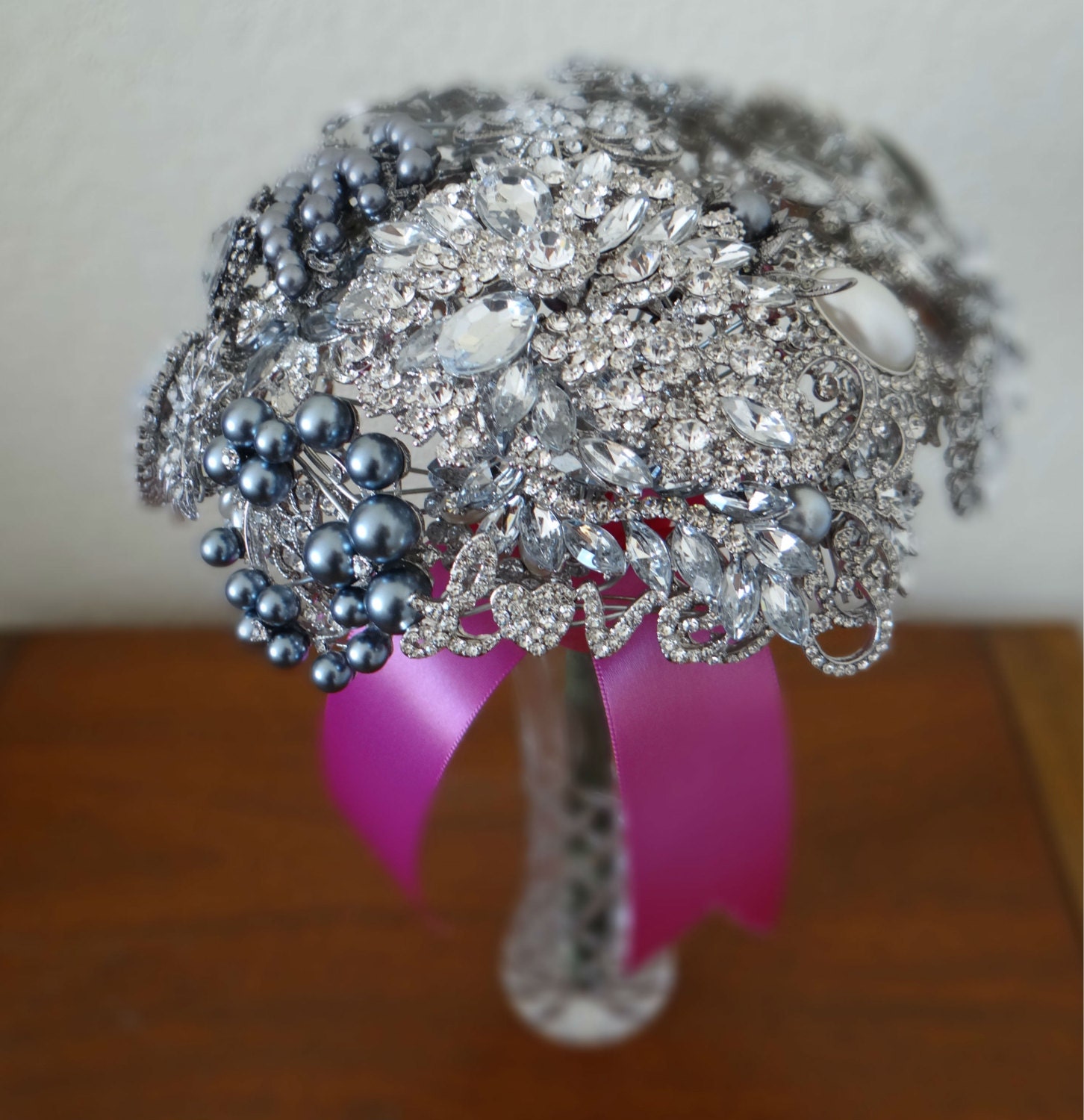 Large Crystal, Silver & Pearl Wedding Brooch Bouquet with Fleur de Lys - Ready to Ship