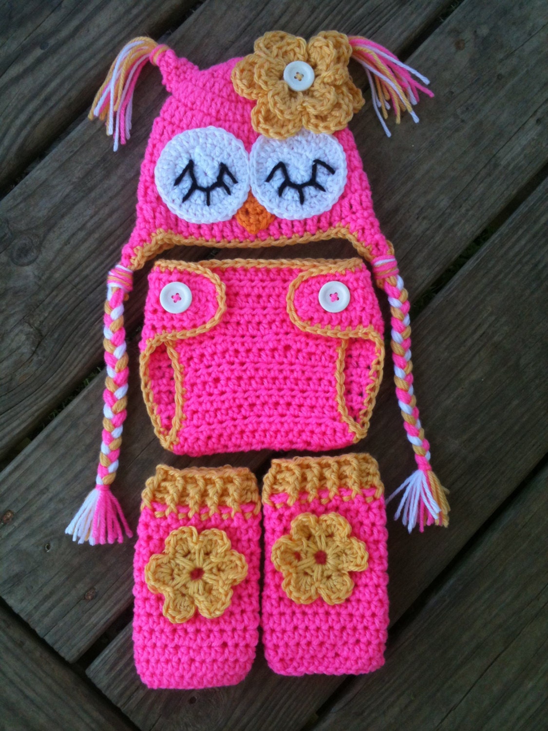 Newborn Baby Girl Sleepy Crochet OWL Bubble Gum PINK n YELLOW Diaper Cover, Leg Warmers -n- Beanie Hat Set -- Adorable Photo Prop