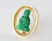 Vintage faux Green Jade Buddha brooch Asian Chinese revival
