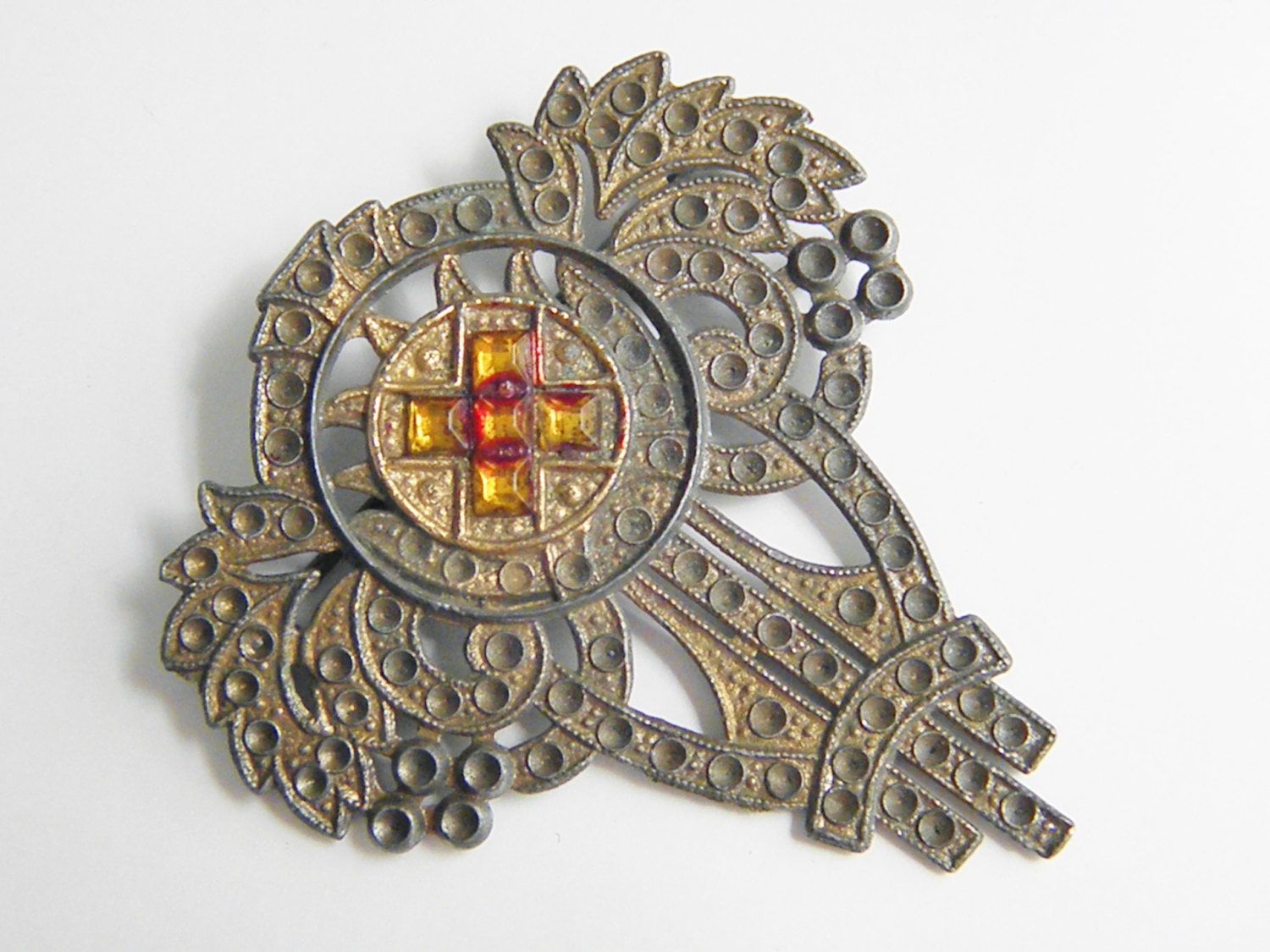 Large Art Deco Orange Rhinestone Brooch 20s