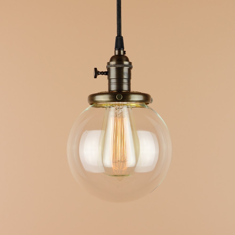 Pendant Light - 6 inch Clear Glass Globe - Antique Style Cloth Wire - Handfinished in Oil Rubbed Bronze