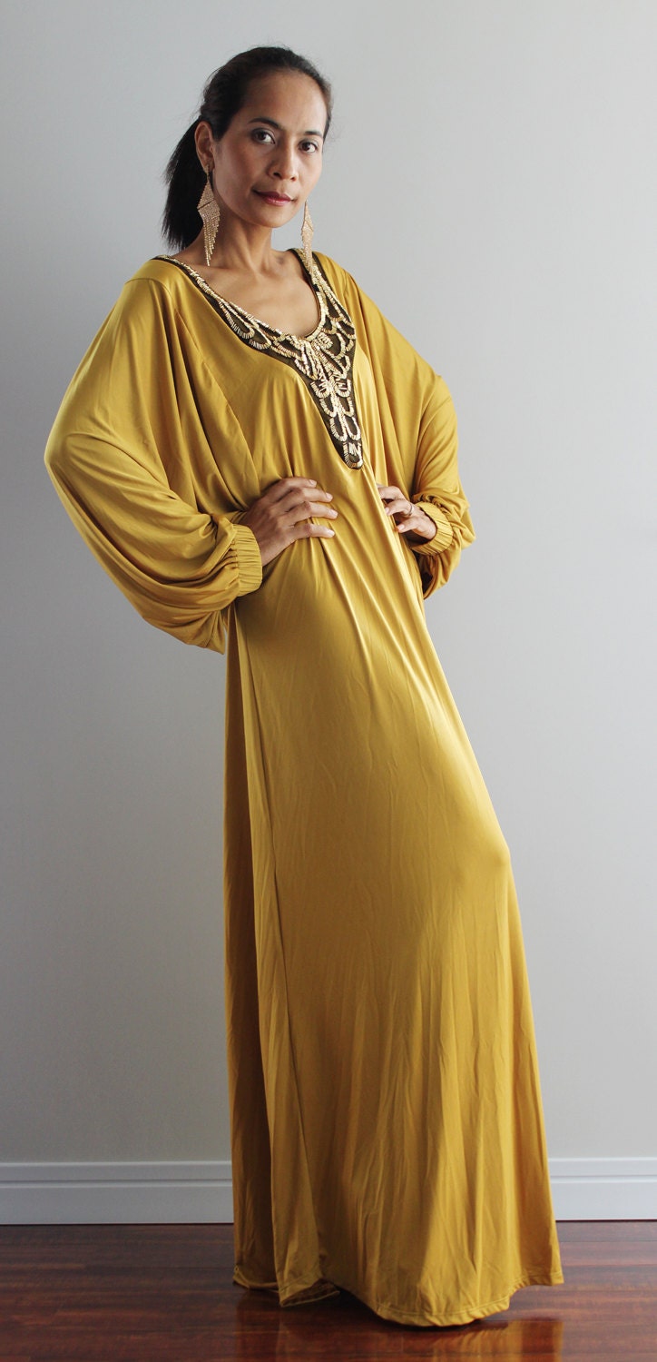 Yellow Maxi Dress - Long Sleeved Oriental Dress: Elegant Collection