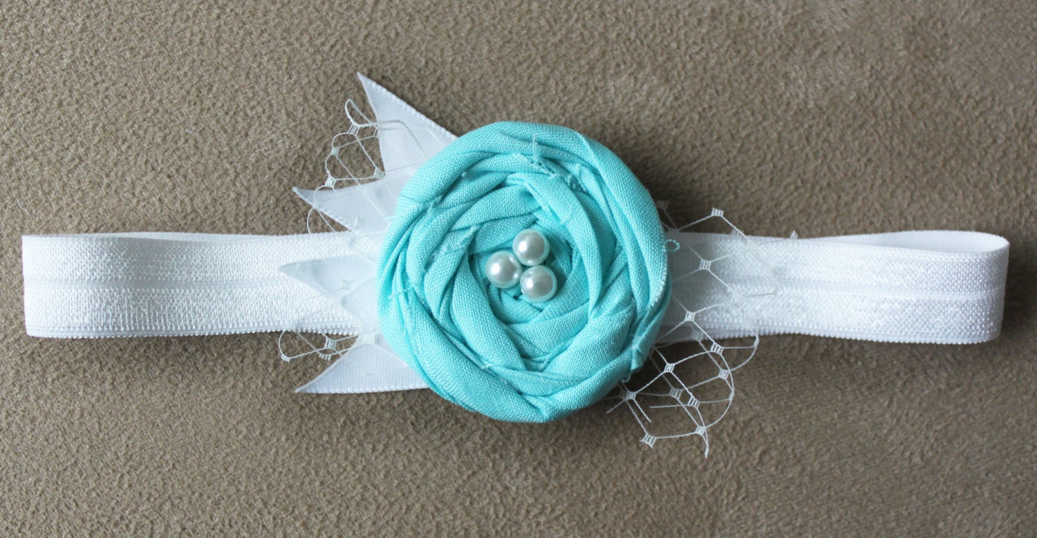 Tiffany Blue Headband - Sky Blue Fabric Flower Rosette Headband - Newborn Baby Girl Photo Prop - Birdcage Veiling and Pearl Accent - Dainty