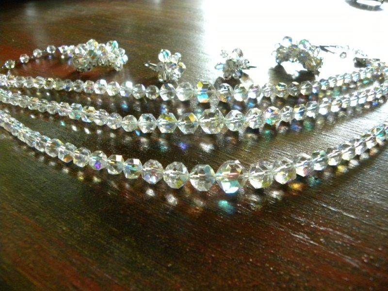 AB Crystal 3 Strand Necklace and 2 Pair Of Earrings