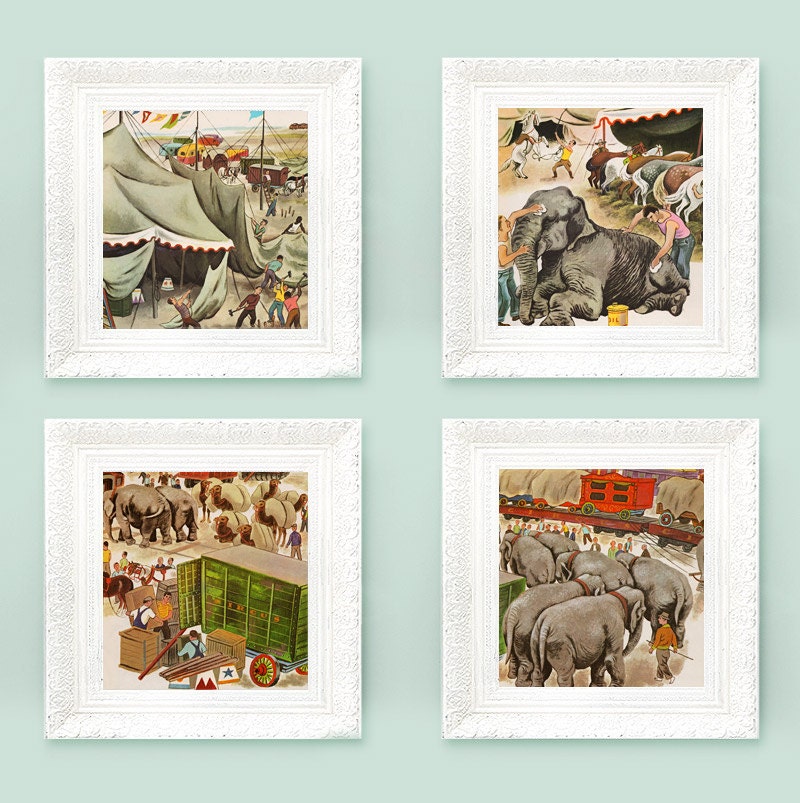 4 Circus Prints 6x6 illustrations for Babys Bedroom. Fairytale Nursery Full Color Storybook Plates Elephant Clown Horse Lion Tent Big Top