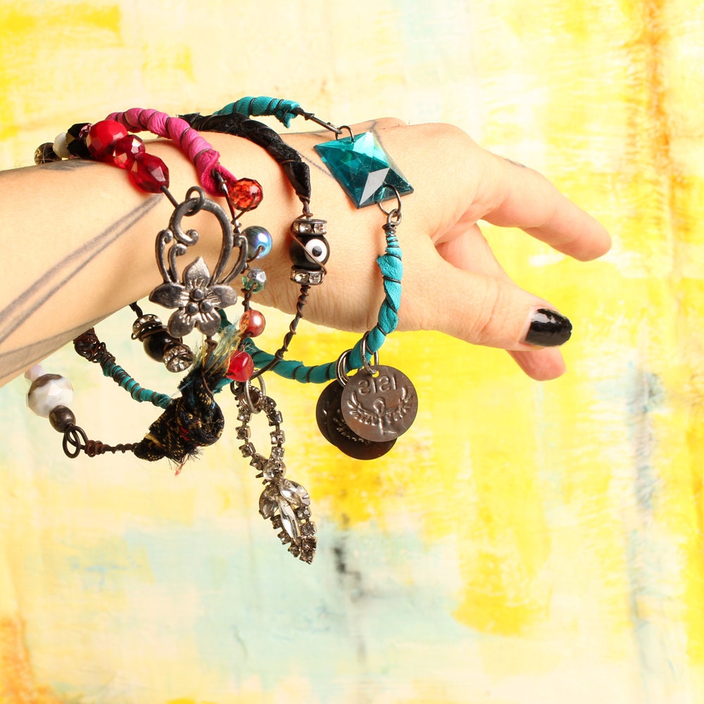 Leather Gypsy Bangle Stack, Charm Bracelets, blue black Pink, Summer Festival Arm Wear Black Lodge Jewelry