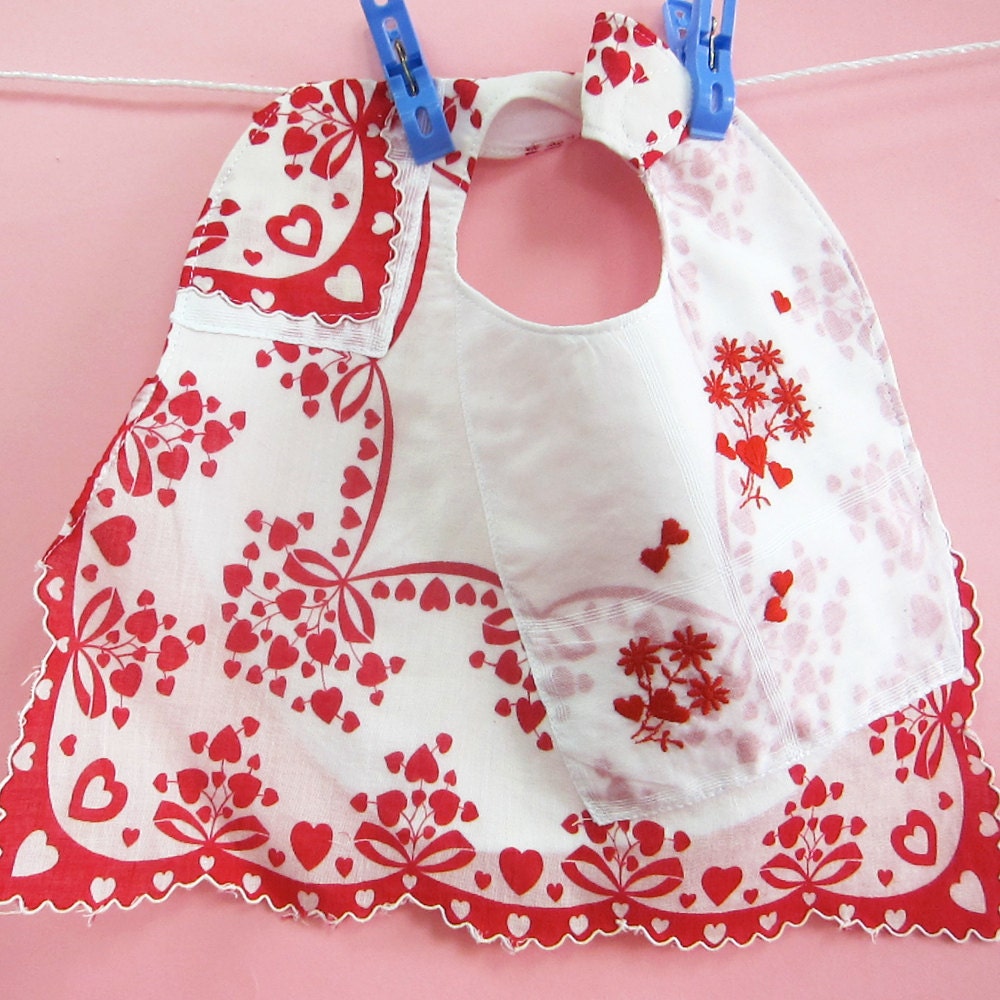 SALE Valentine Hanky Bib with Red hearts and bows for Baby