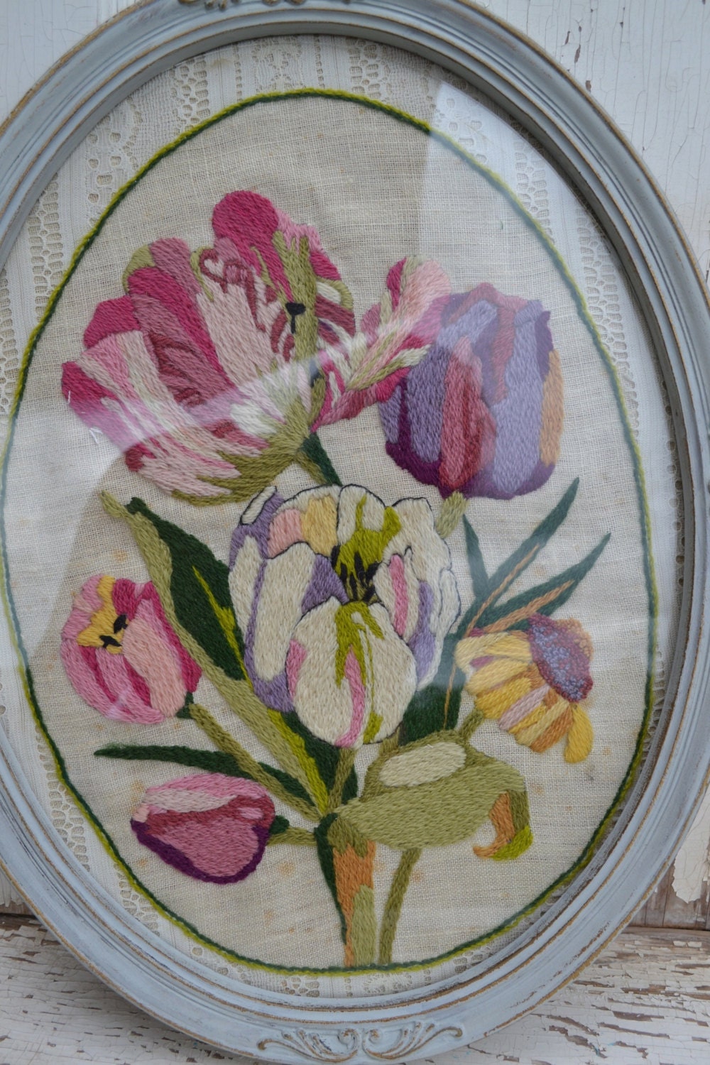 Vintage crewel flower with Upcycled grey frame oval wall decor
