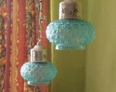 Hanging Lamp Pair, Aqua Glass and Silver Gilt