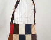 Vintage 70s 60s 1970s  leather  patchwork pouch purse handbag bag cream white red blue brown cream