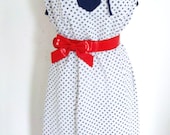 Vintage 50s does  50s Mad Men Pussy bow Pin Up polka dot spot shift Tea day blue white dress L