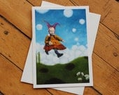 Art CARD, humorous card, funny card, magical, Jumping Maggie, mini painting, greeting card, clouds, sheep A6 4.5x6.25