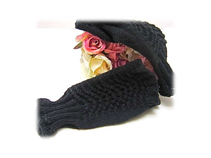 Fingerless Gloves BLACK LACE black hand knit cotton bamboo yarn all season wear bridal, prom bridesmaids wrist warmers texting mitt