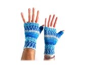 Fingerless Gloves Jack Frost Faire Isle Ice Blue White Texting Mitts Gauntlets Wrist Warmers wool MADE TO ORDER