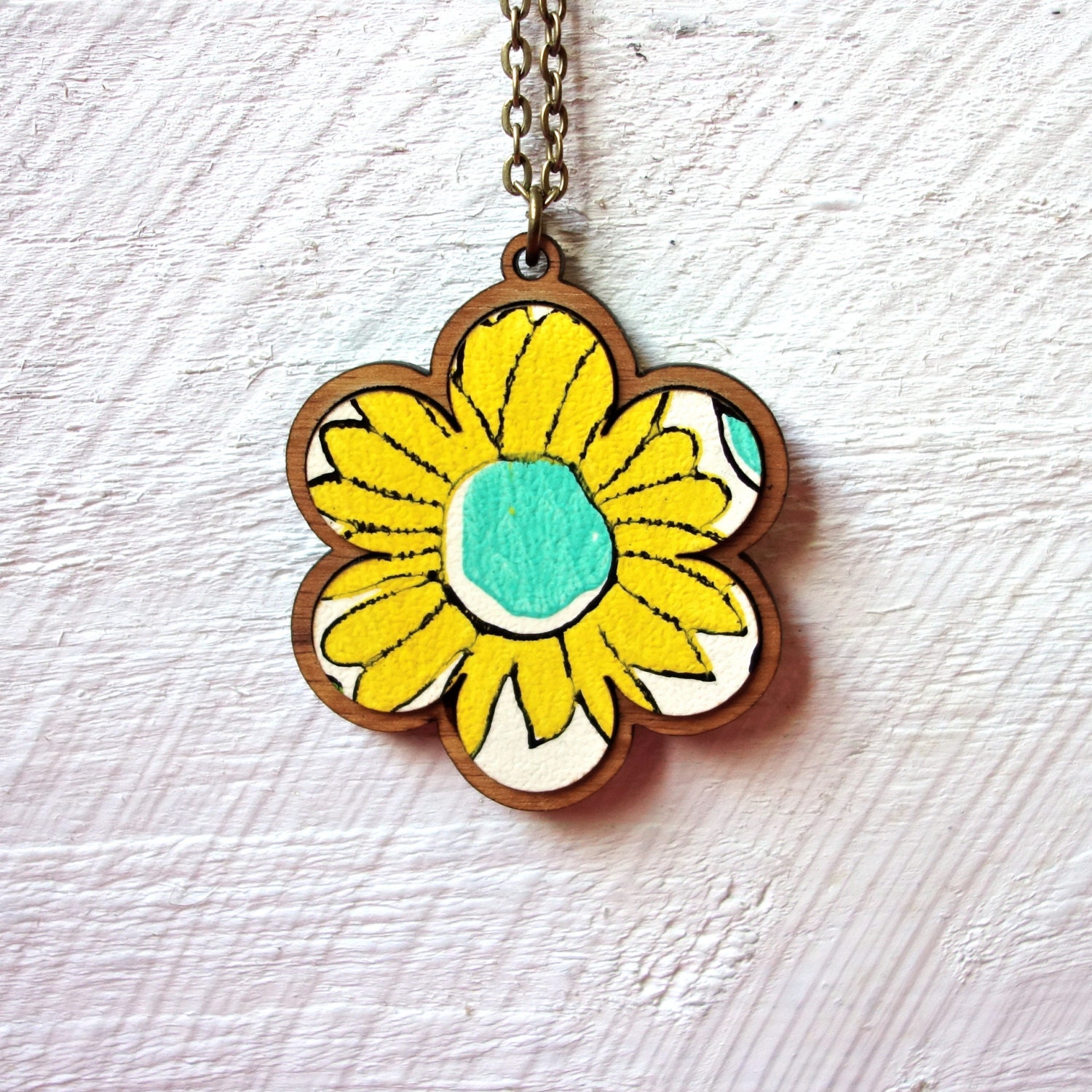Vintage Wallpaper Flower Pendant - Sunny Daisy 1 - One Of A Kind