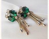 Vintage Emerald and Diamond Rhinestone Dangly Earrings Screwback, Old Hollywood Glamour