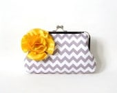 Gray Chevron Clutch Purse with Yellow Flower Adornment