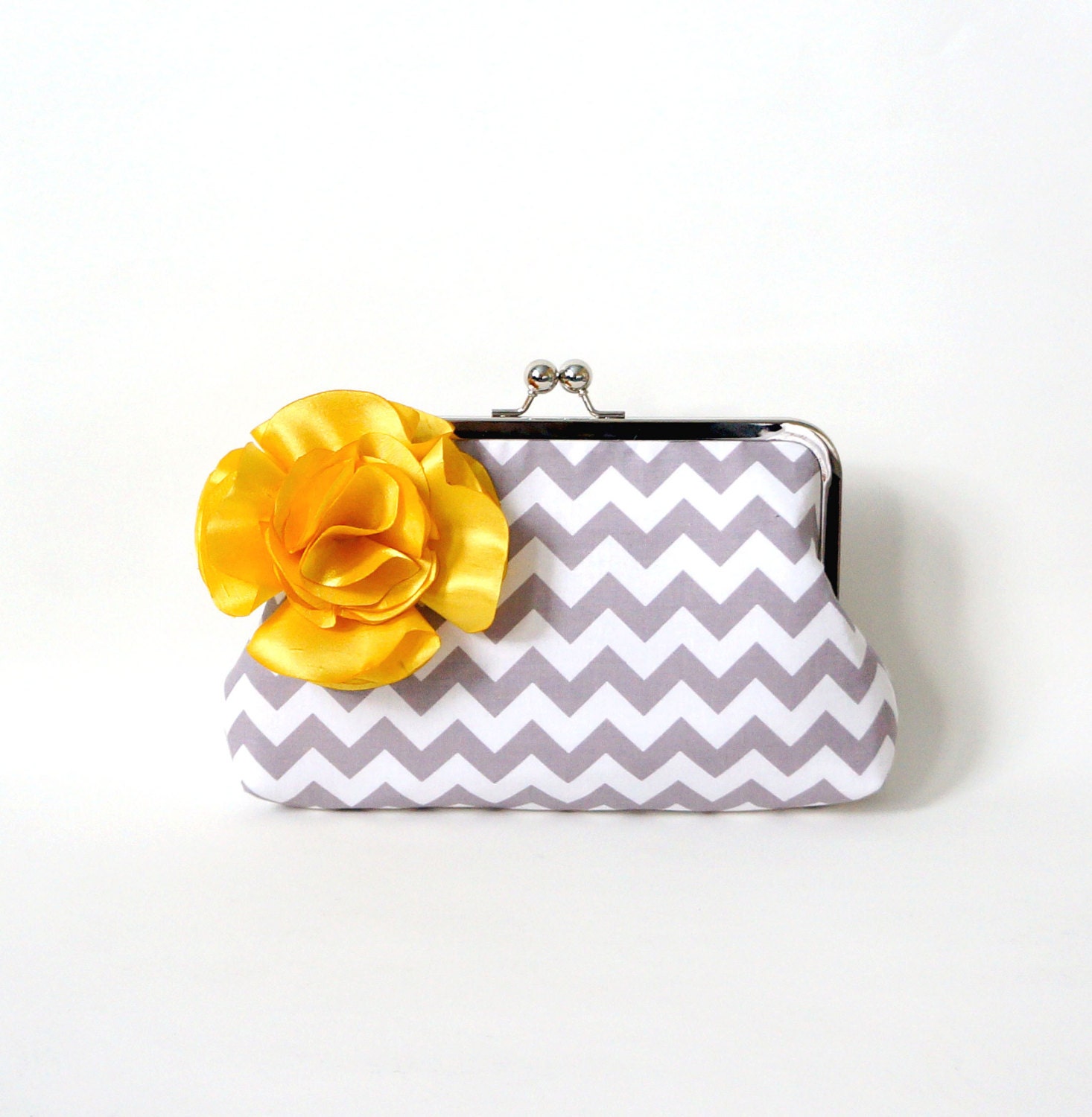 Gray Chevron Clutch Purse with Yellow Flower Adornment