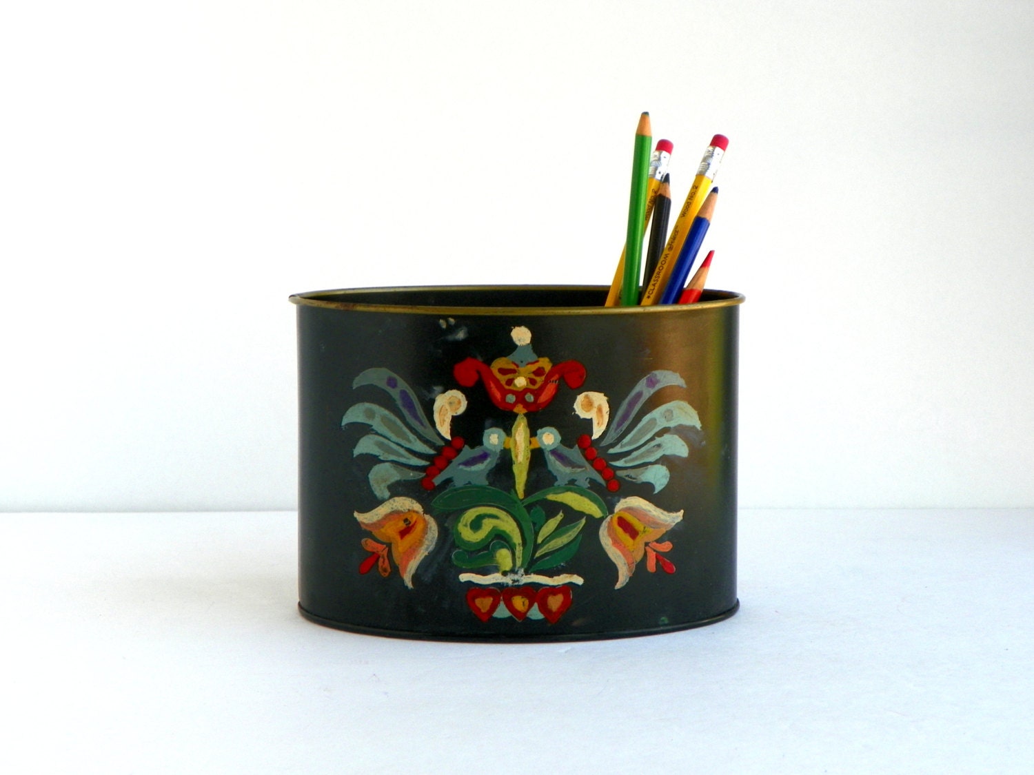 Vintage Hand Painted  Metal  Desk Organizer