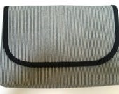 Clutch Bag, Purse in Black and White Denim Stripe, Lined with Blue, Green and Black Paisley Cotton