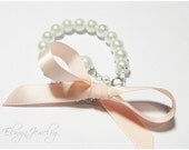White Pearls, Peach Bow, Little Girls, Kids, Christening, First Communion, Baptism, Flower Girl