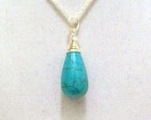 Turquoise Necklace Wire Wrapped Sterling Silver Teardrop Pendant Jewelry