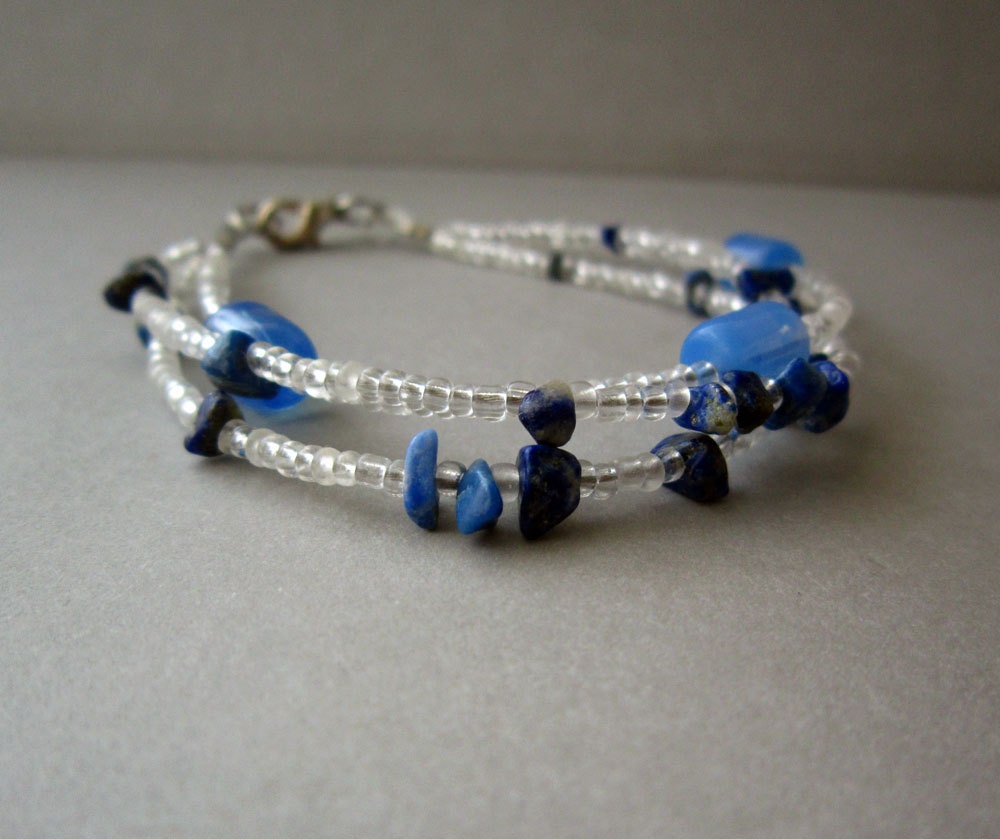 Blue beaded bracelet, blue bracelet, triple bracelet, girly summer navy accessory, lapis lazuli, seed beads bracelet. Ready to ship