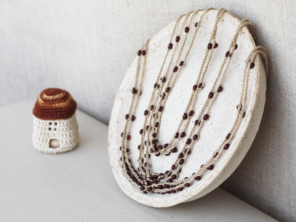 Brown necklace Rustic jewelry Natural linen necklace with glass beads Boho Bohemian Spring fashion Multi strand Mother's Day gift