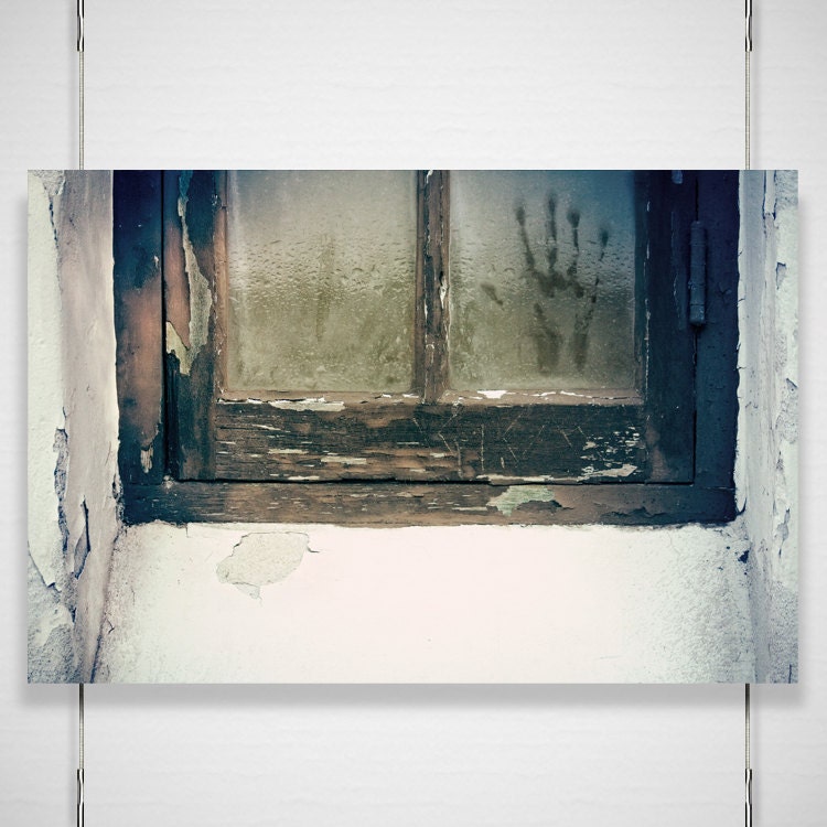 Surreal Handprint Photograph - 8x12 photograph print - distressed window spooky halloween autumn winter wall room decor green 'Wait For Me'