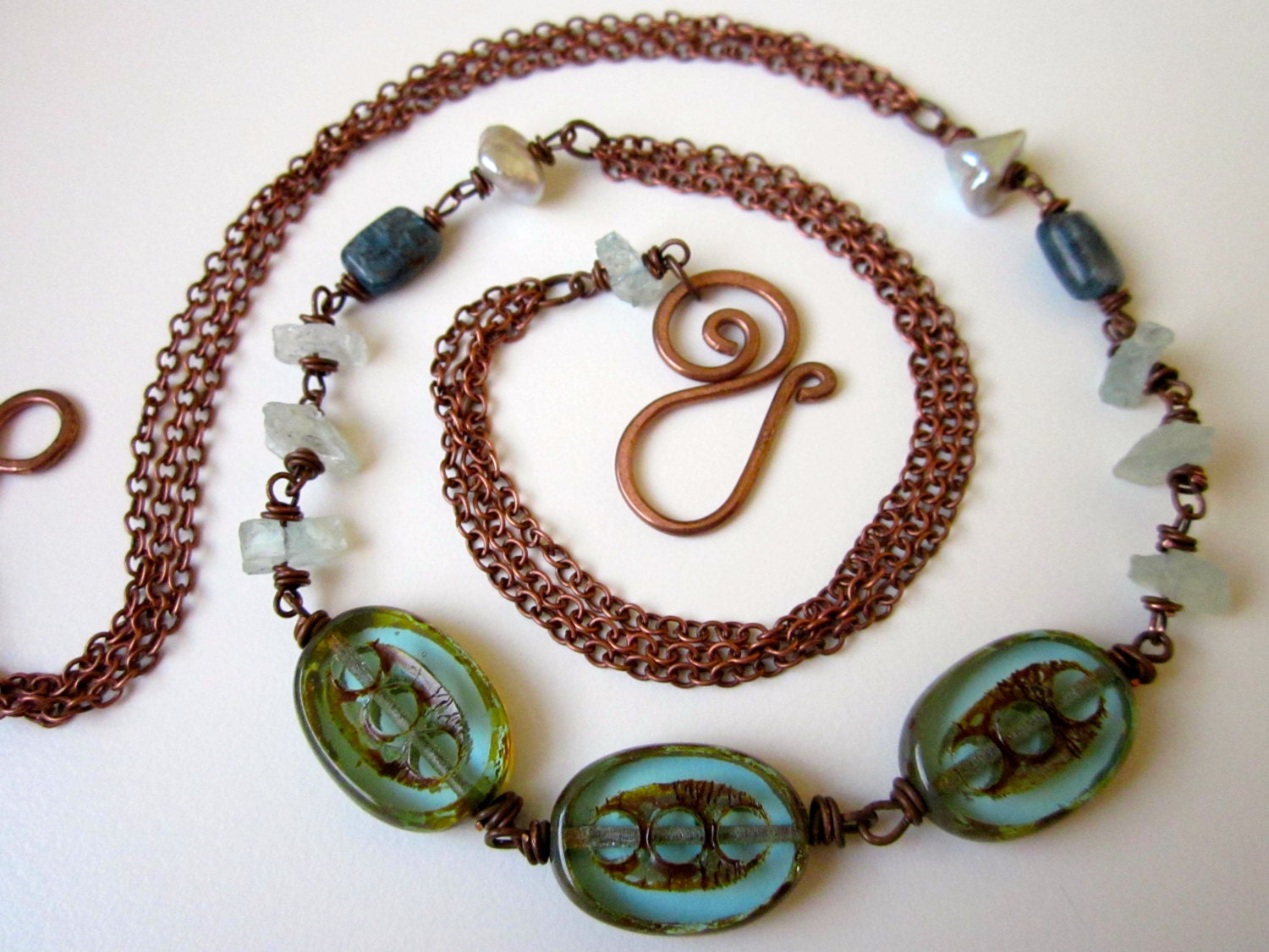 Glissade - frosty ice blue-green Czech glass beads, blue aquamarine stone nuggets, teal kyanite stone, freshwater pearl, & copper necklace