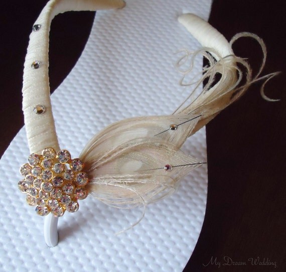 Ivory Bridal Flip Flops. Ivory Peacock Feathers with Swarovski ...